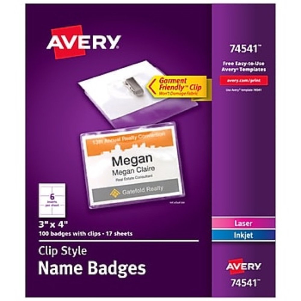 New Avery Customizable Name Badge Clips, 3" x 4", White, 100 (74541)